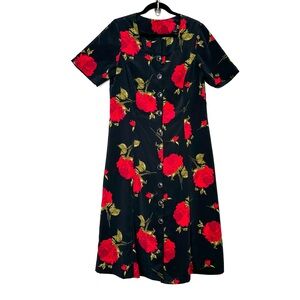 Vintage Y2K 90’s Whimsigoth Grunge Square Neck Rose Print Button Down Midi Dress